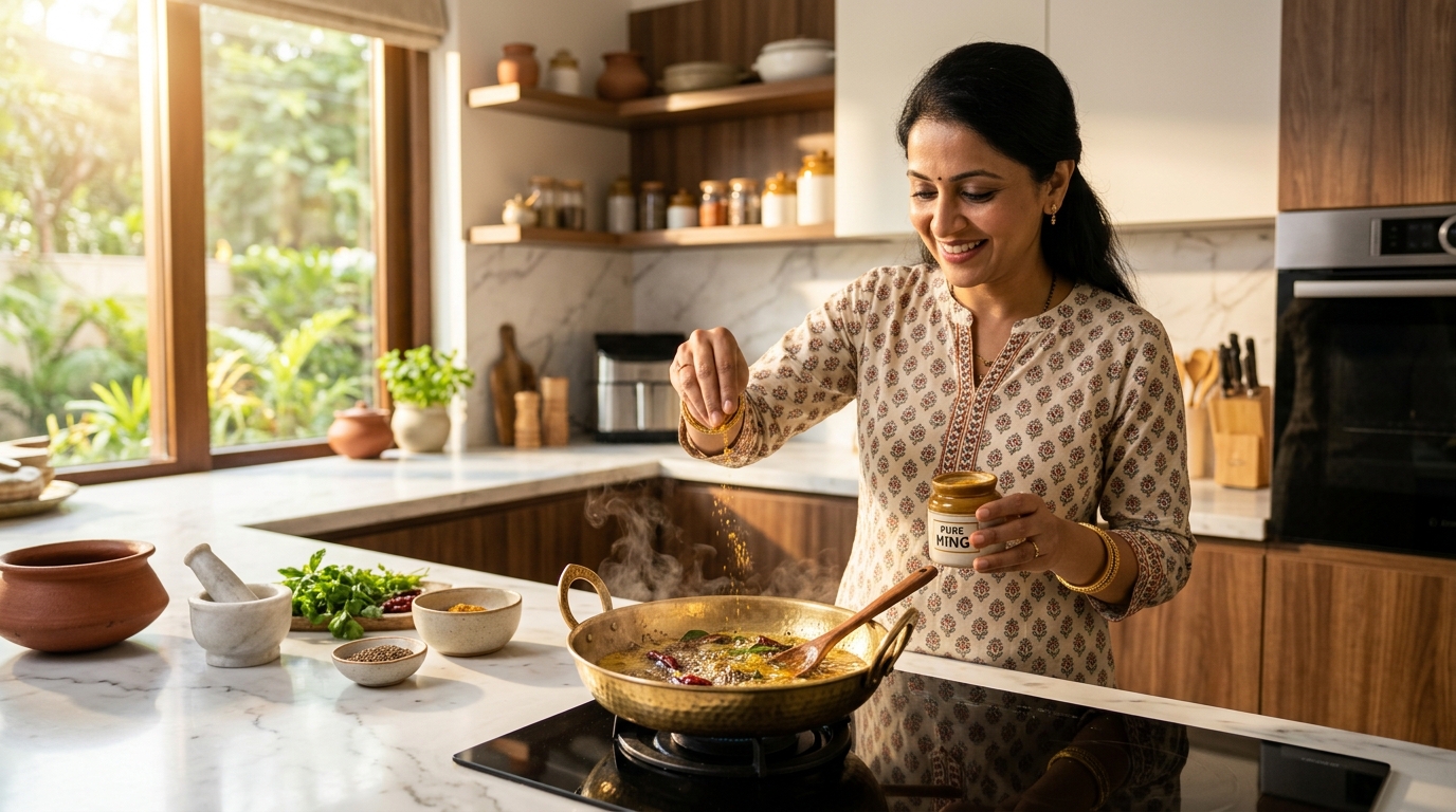 Authentic Indian cooking with Niyaansh Hing in modern kitchen